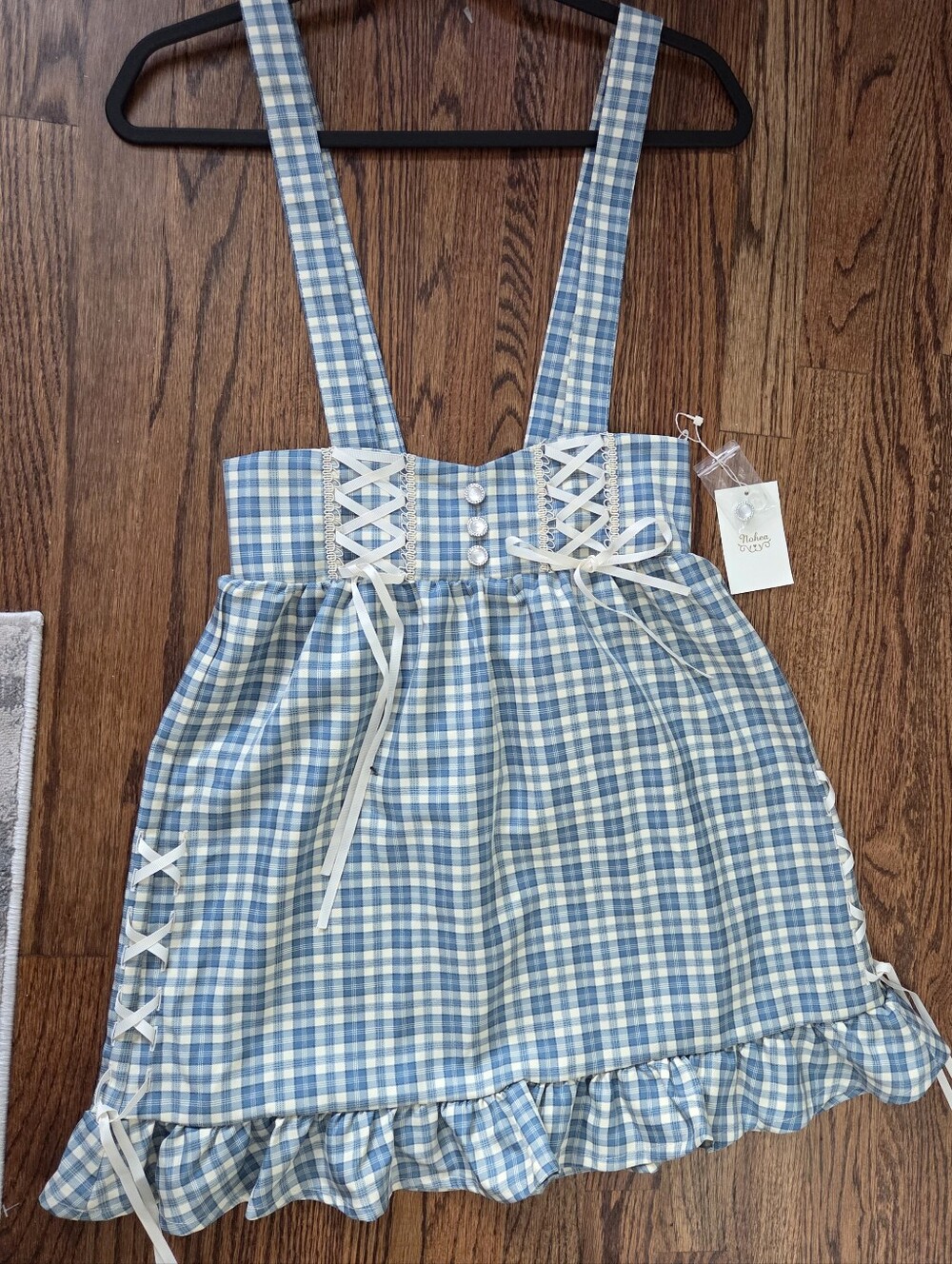 Nohea Blue Gingham Plaid Lace Up Ruffle Pinafore Jumper Dress Size M NWT